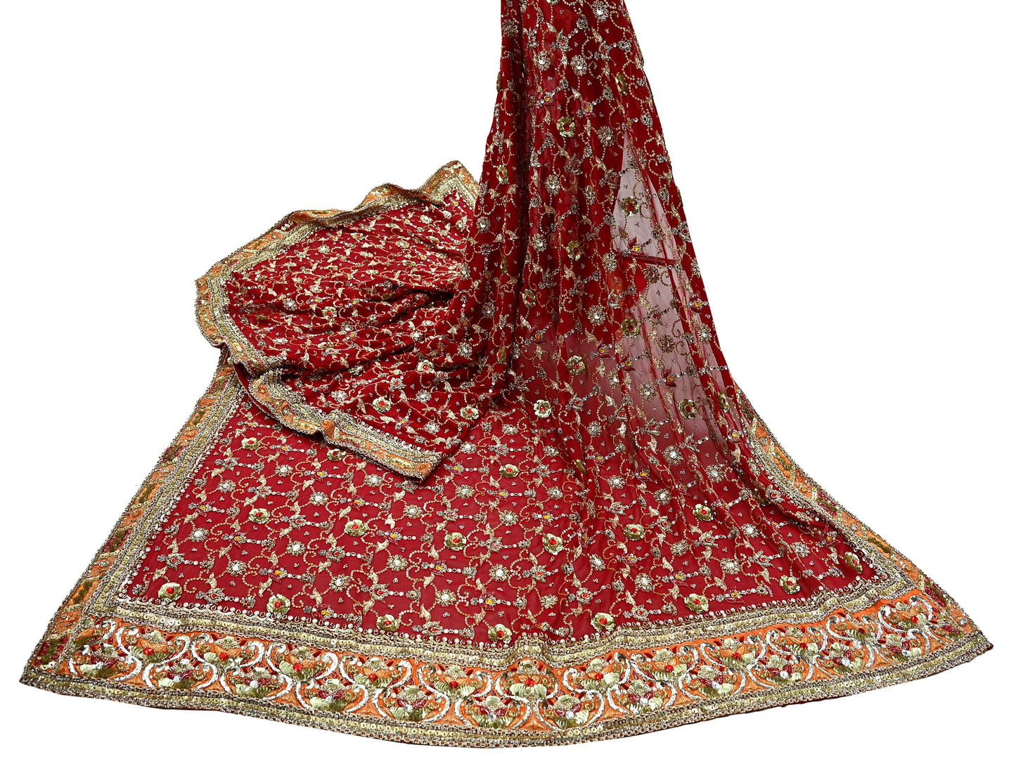 Indian Vintage Heavy Bridal Dupatta Red Pure Georgette Silk Long Stole Hand Embroidered Scarf Zardozi/Dabka Zari Wedding/Party Dupatta