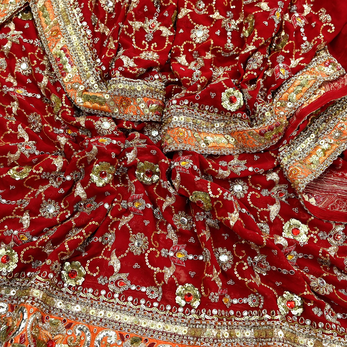 Indian Vintage Heavy Bridal Dupatta Red Pure Georgette Silk Long Stole Hand Embroidered Scarf Zardozi/Dabka Zari Wedding/Party Dupatta