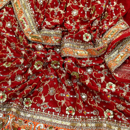 Indian Vintage Heavy Bridal Dupatta Red Pure Georgette Silk Long Stole Hand Embroidered Scarf Zardozi/Dabka Zari Wedding/Party Dupatta