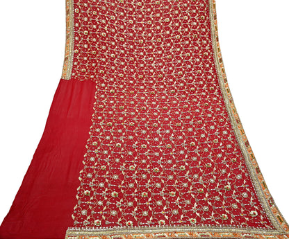 Indian Vintage Heavy Bridal Dupatta Red Pure Georgette Silk Long Stole Hand Embroidered Scarf Zardozi/Dabka Zari Wedding/Party Dupatta