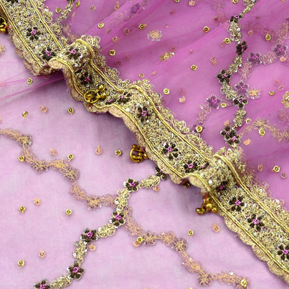 Indian Vintage Heavy Bridal Dupatta Purple Net Mesh Long Stole Hand Embroidered Scarves Golden Zardozi Dabka Zari Wedding Veil Hijab