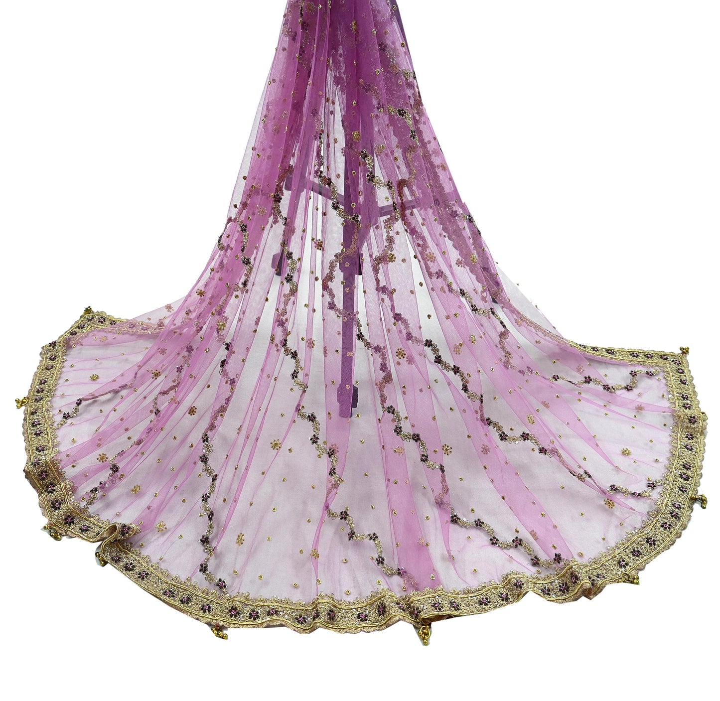 Indian Vintage Heavy Bridal Dupatta Purple Net Mesh Long Stole Hand Embroidered Scarves Golden Zardozi Dabka Zari Wedding Veil Hijab