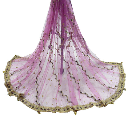 Indian Vintage Heavy Bridal Dupatta Purple Net Mesh Long Stole Hand Embroidered Scarves Golden Zardozi Dabka Zari Wedding Veil Hijab