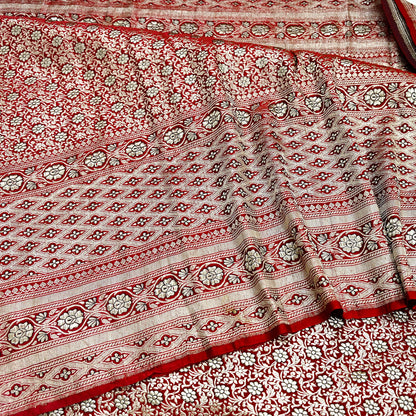 Indian Vintage Sari Red Heavy Wedding Pure Satin Silk Woven Banarasi Brocade Saree Zari 5Yd Craft Fabric Ethnic Dress making Crafting