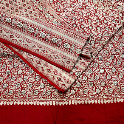 Indian Vintage Sari Red Heavy Wedding Pure Satin Silk Woven Banarasi Brocade Saree Zari 5Yd Craft Fabric Ethnic Dress making Crafting