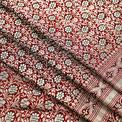 Indian Vintage Sari Red Heavy Wedding Pure Satin Silk Woven Banarasi Brocade Saree Zari 5Yd Craft Fabric Ethnic Dress making Crafting