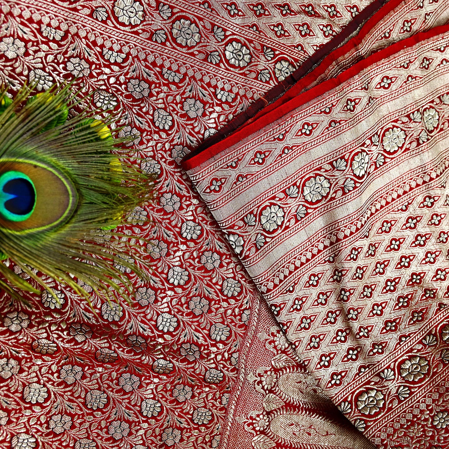 Indian Vintage Sari Red Heavy Wedding Pure Satin Silk Woven Banarasi Brocade Saree Zari 5Yd Craft Fabric Ethnic Dress making Crafting