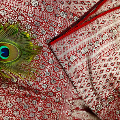 Indian Vintage Sari Red Heavy Wedding Pure Satin Silk Woven Banarasi Brocade Saree Zari 5Yd Craft Fabric Ethnic Dress making Crafting