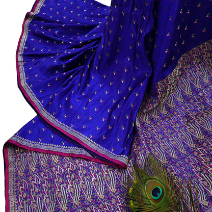 Indian Vintage Purple Banarasi Brocade Saree | Heavy Wedding Sari in Pure Satin Silk | Woven Zari Fabric for Crafting, Dressmaking