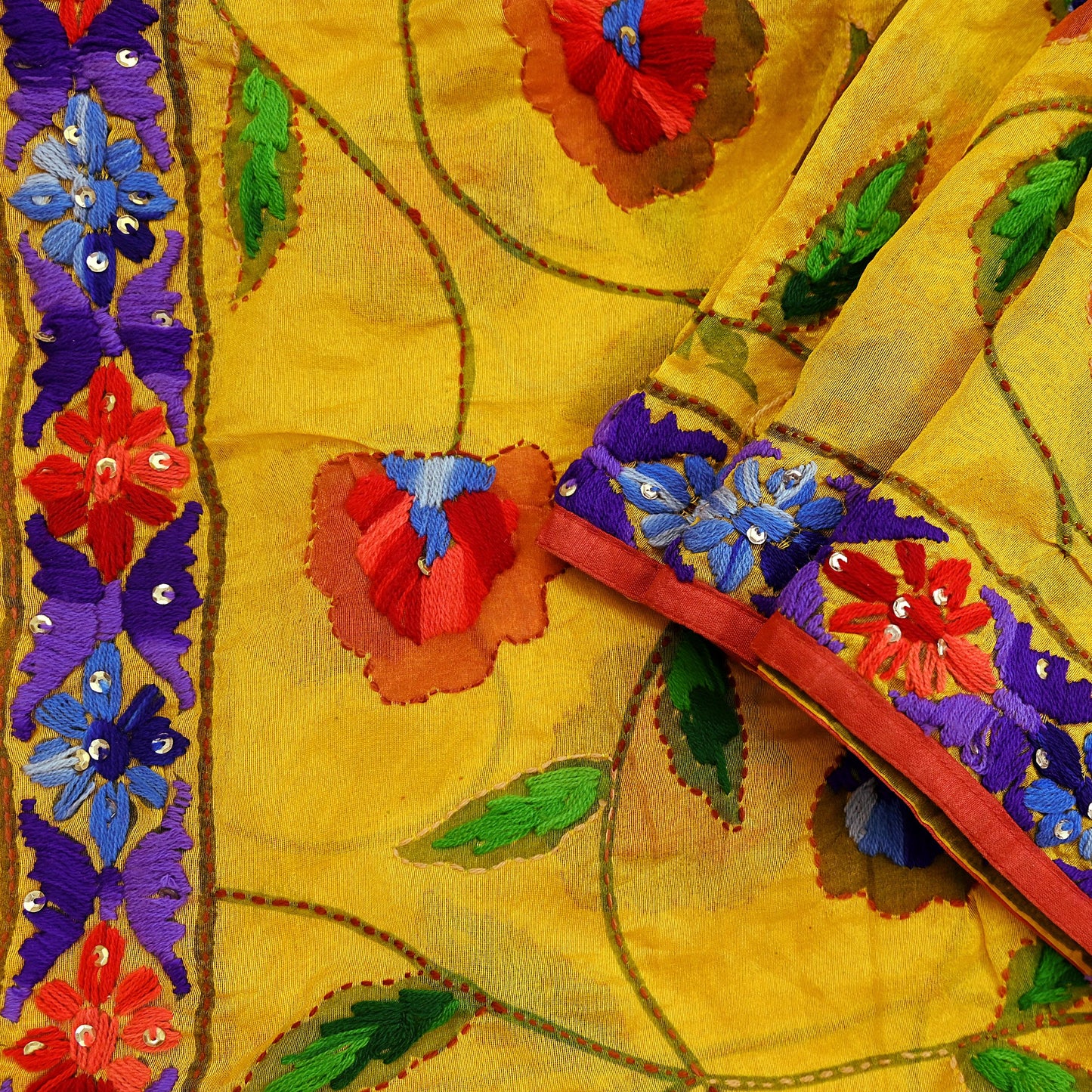Indian Vintage Dupatta Saffron Long Stole Chanderi Hand Embroidered Bagh Phulkari Stole Scarves Party wear