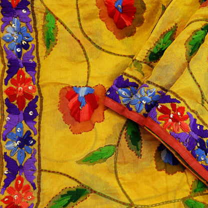 Indian Vintage Dupatta Saffron Long Stole Chanderi Hand Embroidered Bagh Phulkari Stole Scarves Party wear
