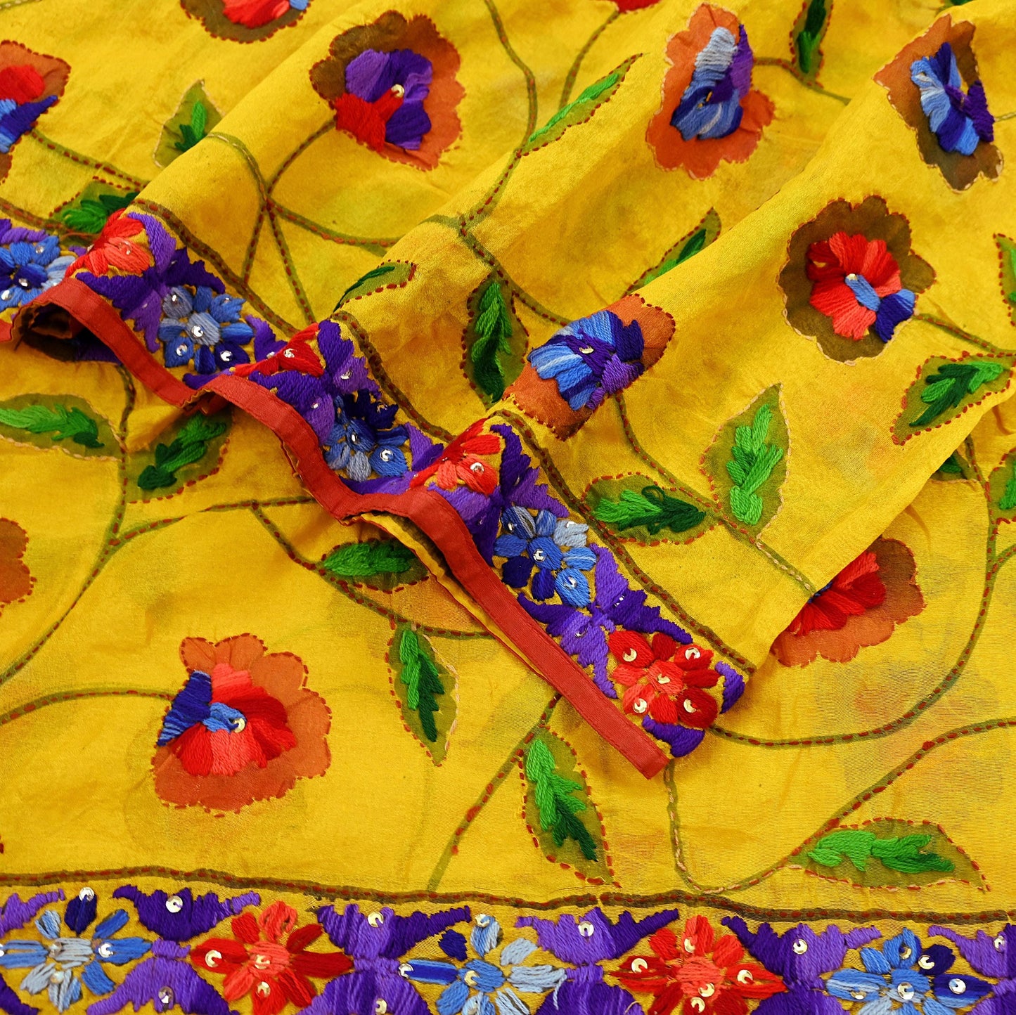 Indian Vintage Dupatta Saffron Long Stole Chanderi Hand Embroidered Bagh Phulkari Stole Scarves Party wear