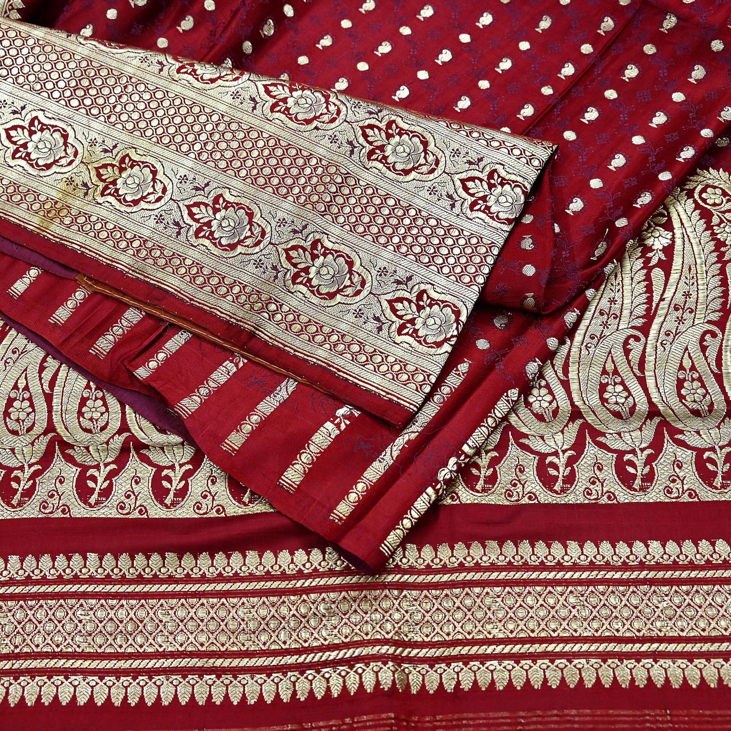 Vintage Banarasi Saree Pure Satin Silk Woven Brocade Zari Fabric Maroon Heavy Craft Sari 5 Yards Indian Antique Textile Dress Making