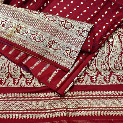 Vintage Banarasi Saree Pure Satin Silk Woven Brocade Zari Fabric Maroon Heavy Craft Sari 5 Yards Indian Antique Textile Dress Making