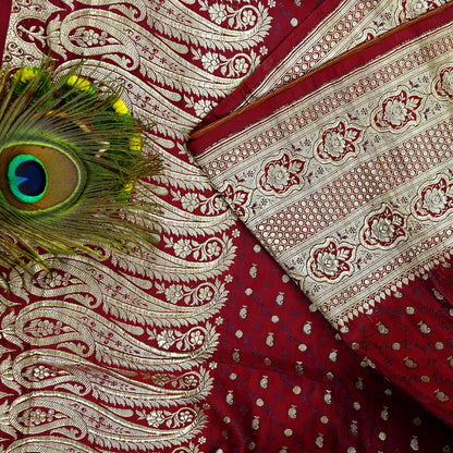 Vintage Banarasi Saree Pure Satin Silk Woven Brocade Zari Fabric Maroon Heavy Craft Sari 5 Yards Indian Antique Textile Dress Making