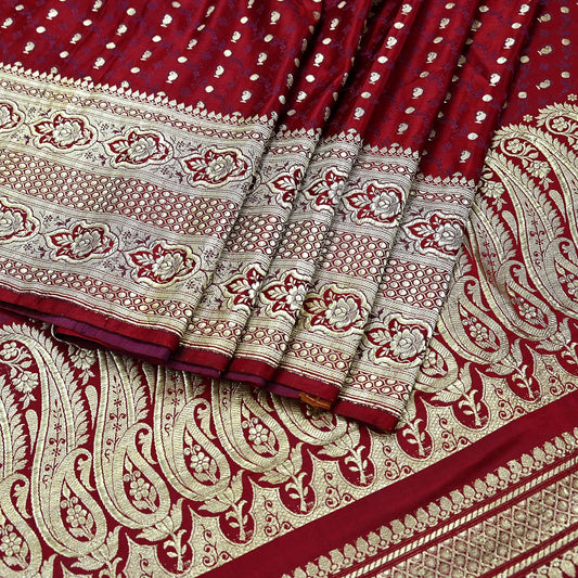 Vintage Banarasi Saree Pure Satin Silk Woven Brocade Zari Fabric Maroon Heavy Craft Sari 5 Yards Indian Antique Textile Dress Making