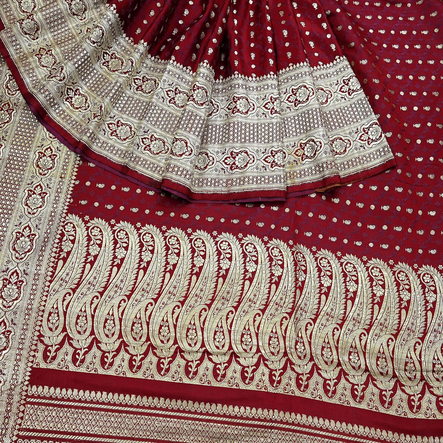 Vintage Banarasi Saree Pure Satin Silk Woven Brocade Zari Fabric Maroon Heavy Craft Sari 5 Yards Indian Antique Textile Dress Making