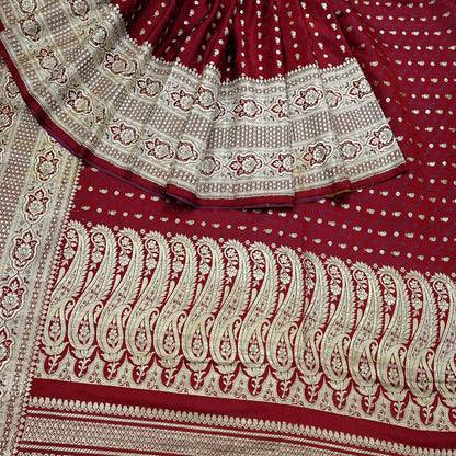 Vintage Banarasi Saree Pure Satin Silk Woven Brocade Zari Fabric Maroon Heavy Craft Sari 5 Yards Indian Antique Textile Dress Making