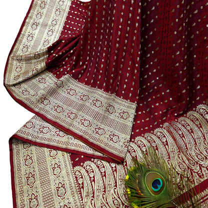 Vintage Banarasi Saree Pure Satin Silk Woven Brocade Zari Fabric Maroon Heavy Craft Sari 5 Yards Indian Antique Textile Dress Making