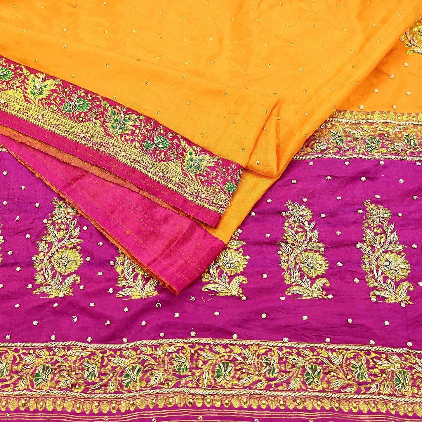 Indian Vintage Heavy Wedding Banarasi Sari 5 Yards Pure Satin Silk Hand-Embroidered Zari, Work Brocade Craft Fabric for Dressmaking