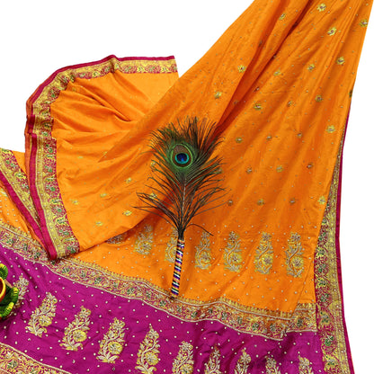 Indian Vintage Heavy Wedding Banarasi Sari 5 Yards Pure Satin Silk Hand-Embroidered Zari, Work Brocade Craft Fabric for Dressmaking