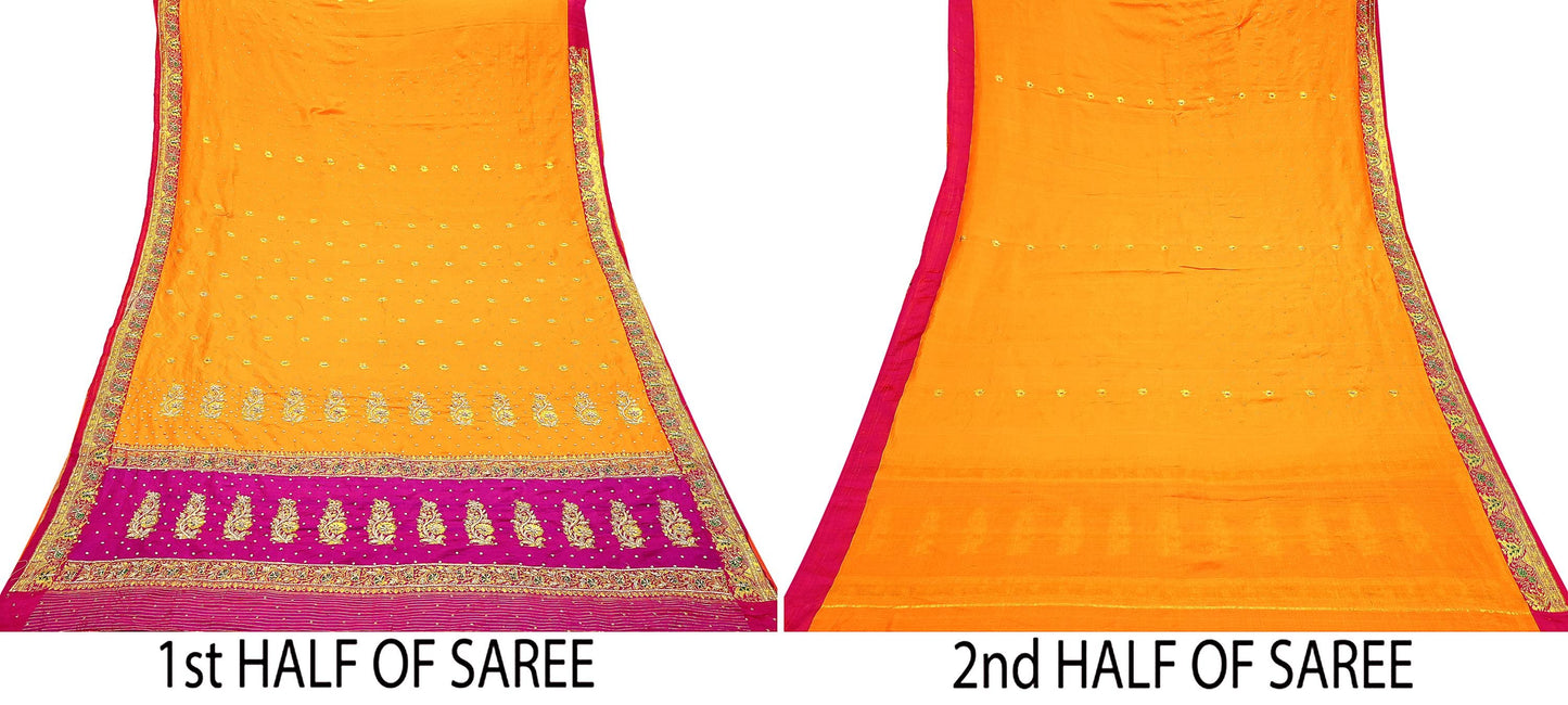 Indian Vintage Heavy Wedding Banarasi Sari 5 Yards Pure Satin Silk Hand-Embroidered Zari, Work Brocade Craft Fabric for Dressmaking