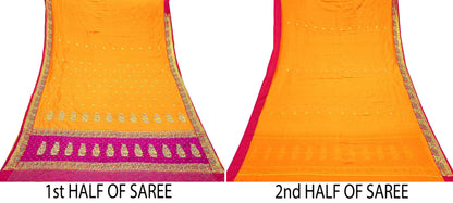 Indian Vintage Heavy Wedding Banarasi Sari 5 Yards Pure Satin Silk Hand-Embroidered Zari, Work Brocade Craft Fabric for Dressmaking