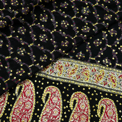 Indian Vintage Black Heavy Saree Pure Silk saree Hand Beaded Banarasi Brocade Sari Craft Fabric Zari 5Yd Floral Design Dress making Crafting