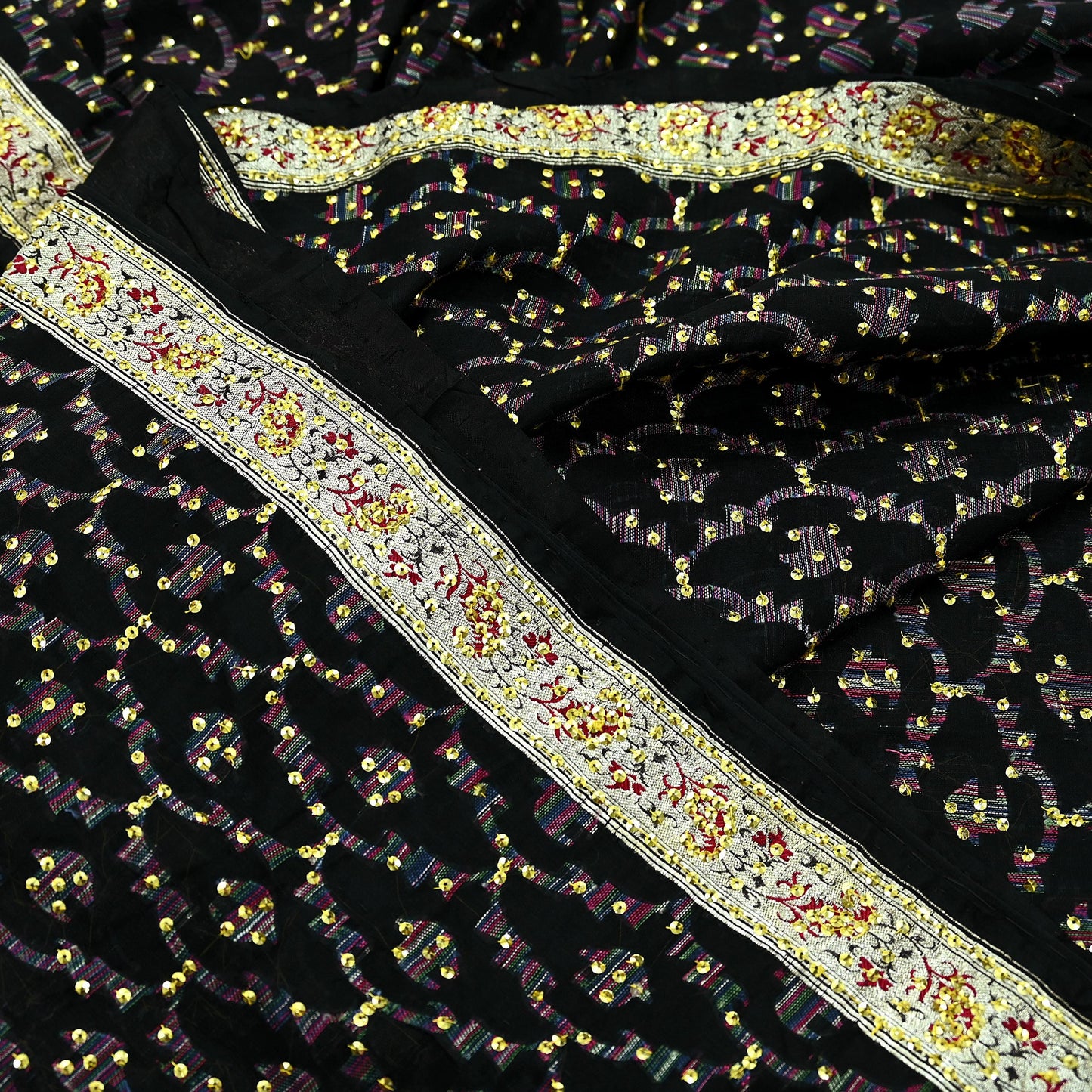 Indian Vintage Black Heavy Saree Pure Silk saree Hand Beaded Banarasi Brocade Sari Craft Fabric Zari 5Yd Floral Design Dress making Crafting