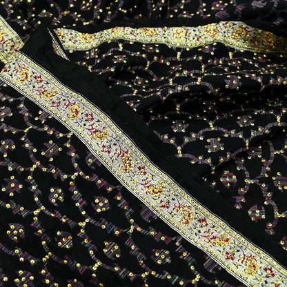 Indian Vintage Black Heavy Saree Pure Silk saree Hand Beaded Banarasi Brocade Sari Craft Fabric Zari 5Yd Floral Design Dress making Crafting