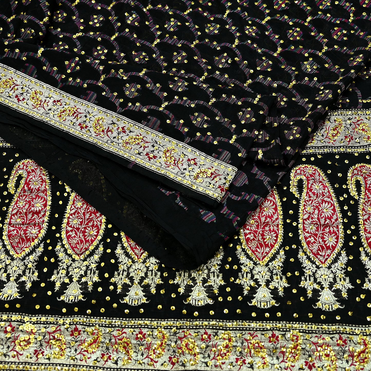 Indian Vintage Black Heavy Saree Pure Silk saree Hand Beaded Banarasi Brocade Sari Craft Fabric Zari 5Yd Floral Design Dress making Crafting