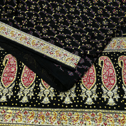 Indian Vintage Black Heavy Saree Pure Silk saree Hand Beaded Banarasi Brocade Sari Craft Fabric Zari 5Yd Floral Design Dress making Crafting