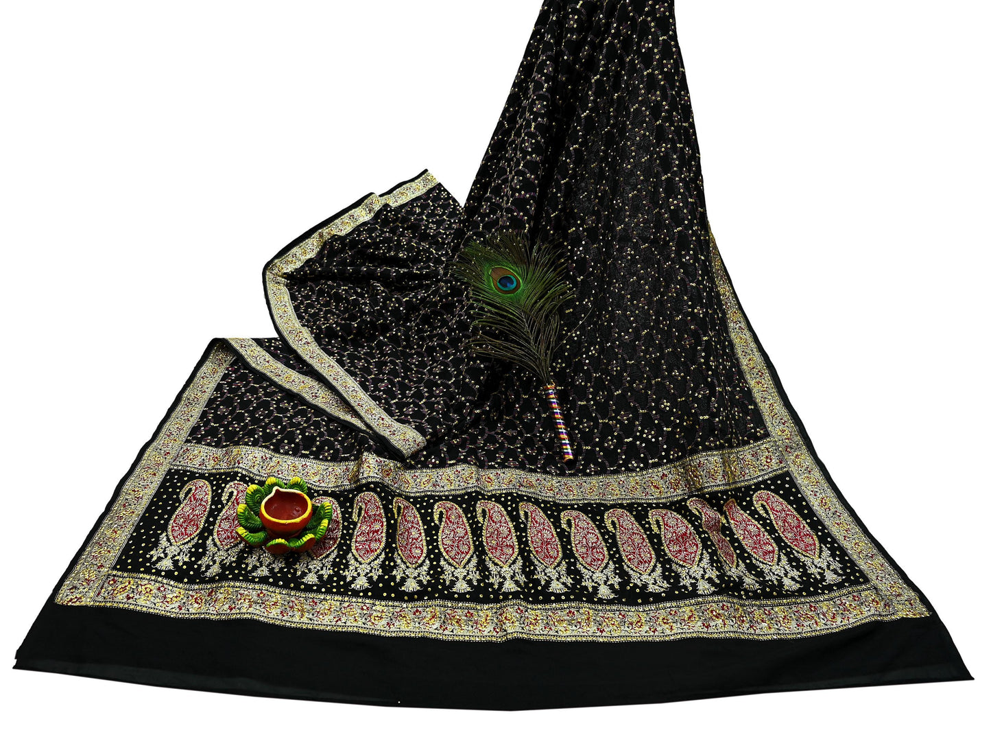 Indian Vintage Black Heavy Saree Pure Silk saree Hand Beaded Banarasi Brocade Sari Craft Fabric Zari 5Yd Floral Design Dress making Crafting