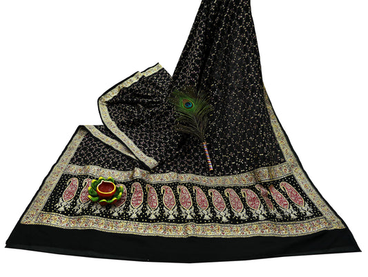 Indian Vintage Black Heavy Saree Pure Silk saree Hand Beaded Banarasi Brocade Sari Craft Fabric Zari 5Yd Floral Design Dress making Crafting