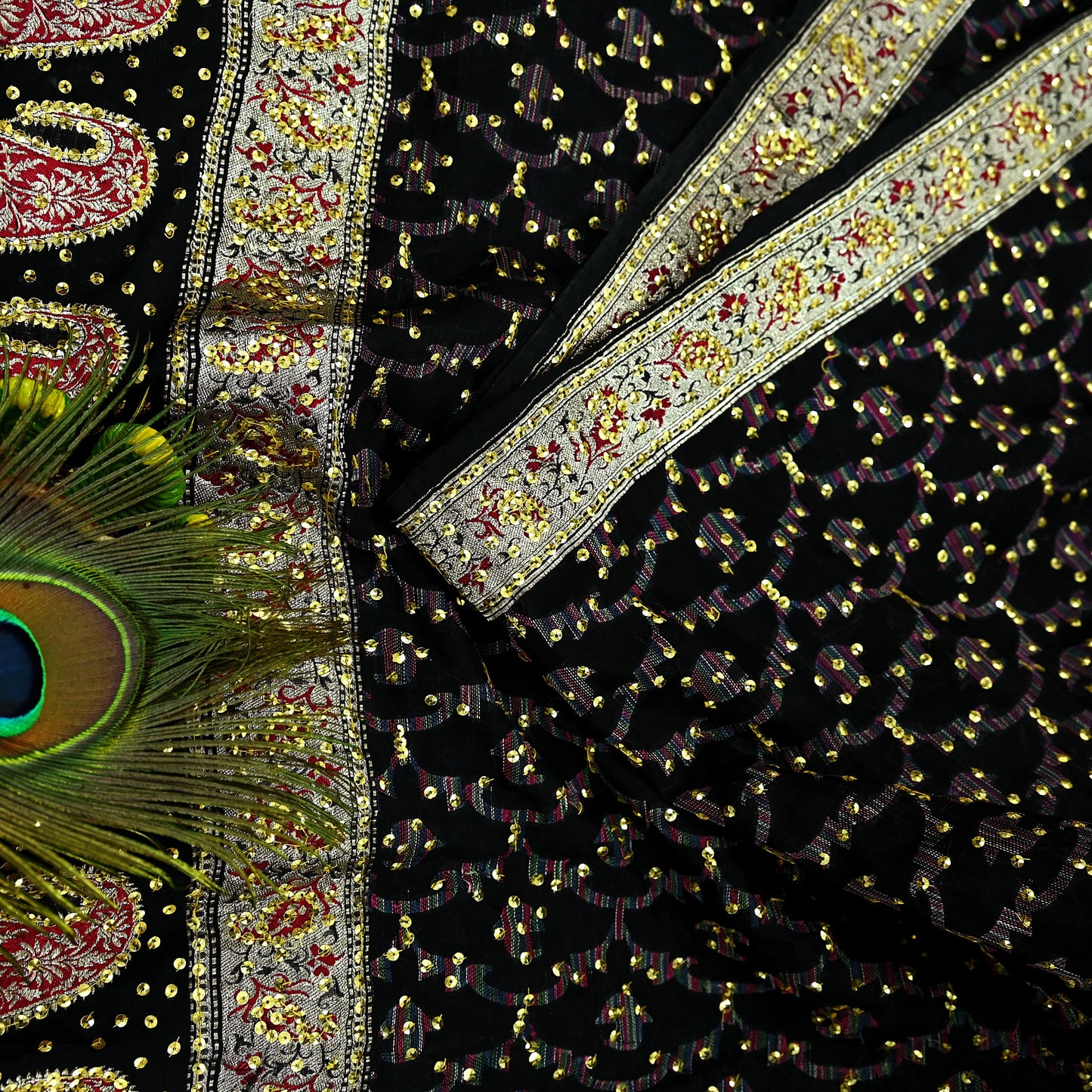 Indian Vintage Black Heavy Saree Pure Silk saree Hand Beaded Banarasi Brocade Sari Craft Fabric Zari 5Yd Floral Design Dress making Crafting