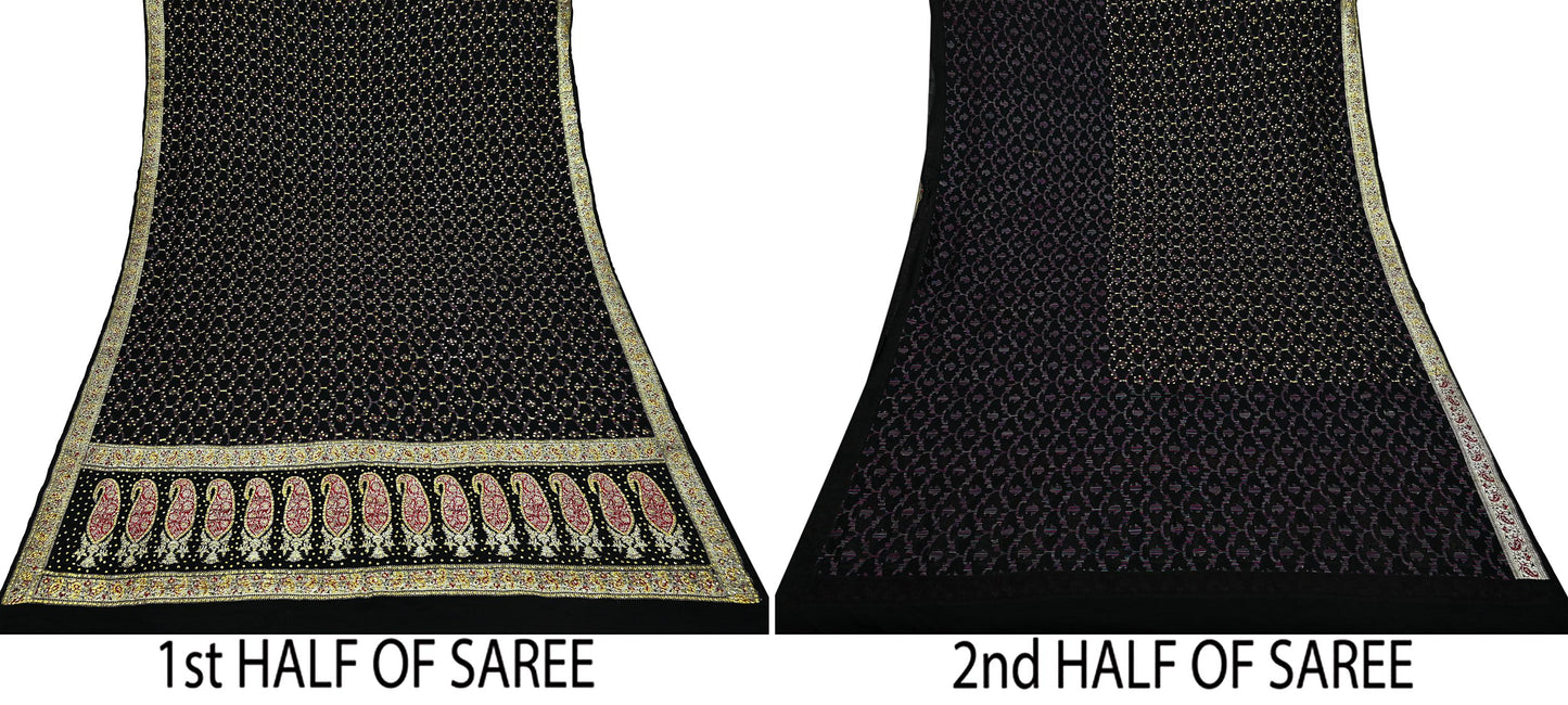 Indian Vintage Black Heavy Saree Pure Silk saree Hand Beaded Banarasi Brocade Sari Craft Fabric Zari 5Yd Floral Design Dress making Crafting