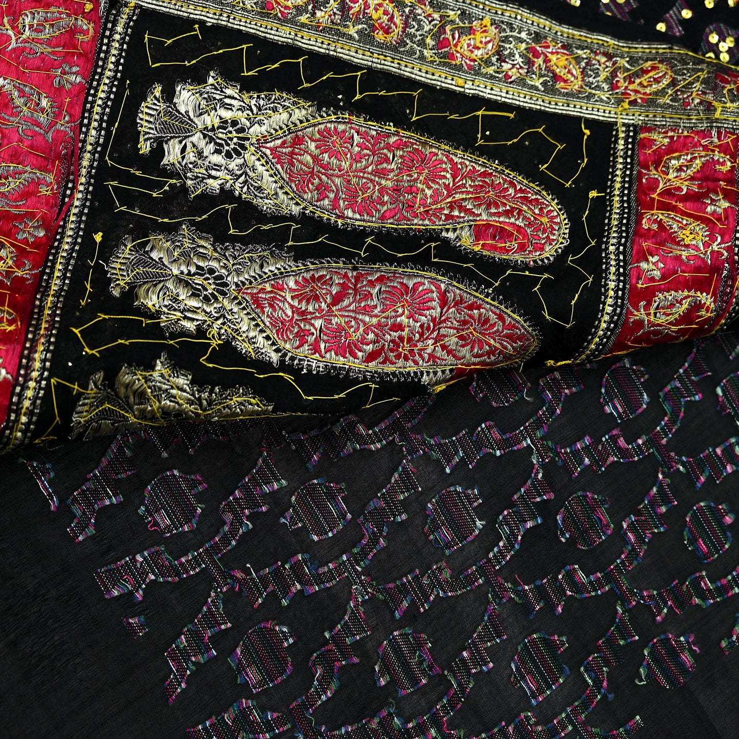 Indian Vintage Black Heavy Saree Pure Silk saree Hand Beaded Banarasi Brocade Sari Craft Fabric Zari 5Yd Floral Design Dress making Crafting