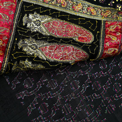 Indian Vintage Black Heavy Saree Pure Silk saree Hand Beaded Banarasi Brocade Sari Craft Fabric Zari 5Yd Floral Design Dress making Crafting