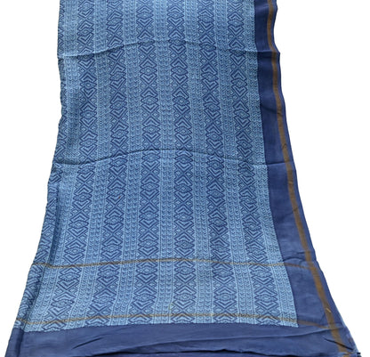 Indian Vintage Dupatta Blue Dupatta Long Stole Block Print Pure Chanderi Silk Scarves Veil Golden Zari