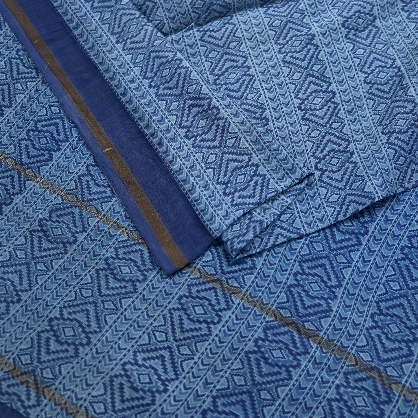 Indian Vintage Dupatta Blue Dupatta Long Stole Block Print Pure Chanderi Silk Scarves Veil Golden Zari