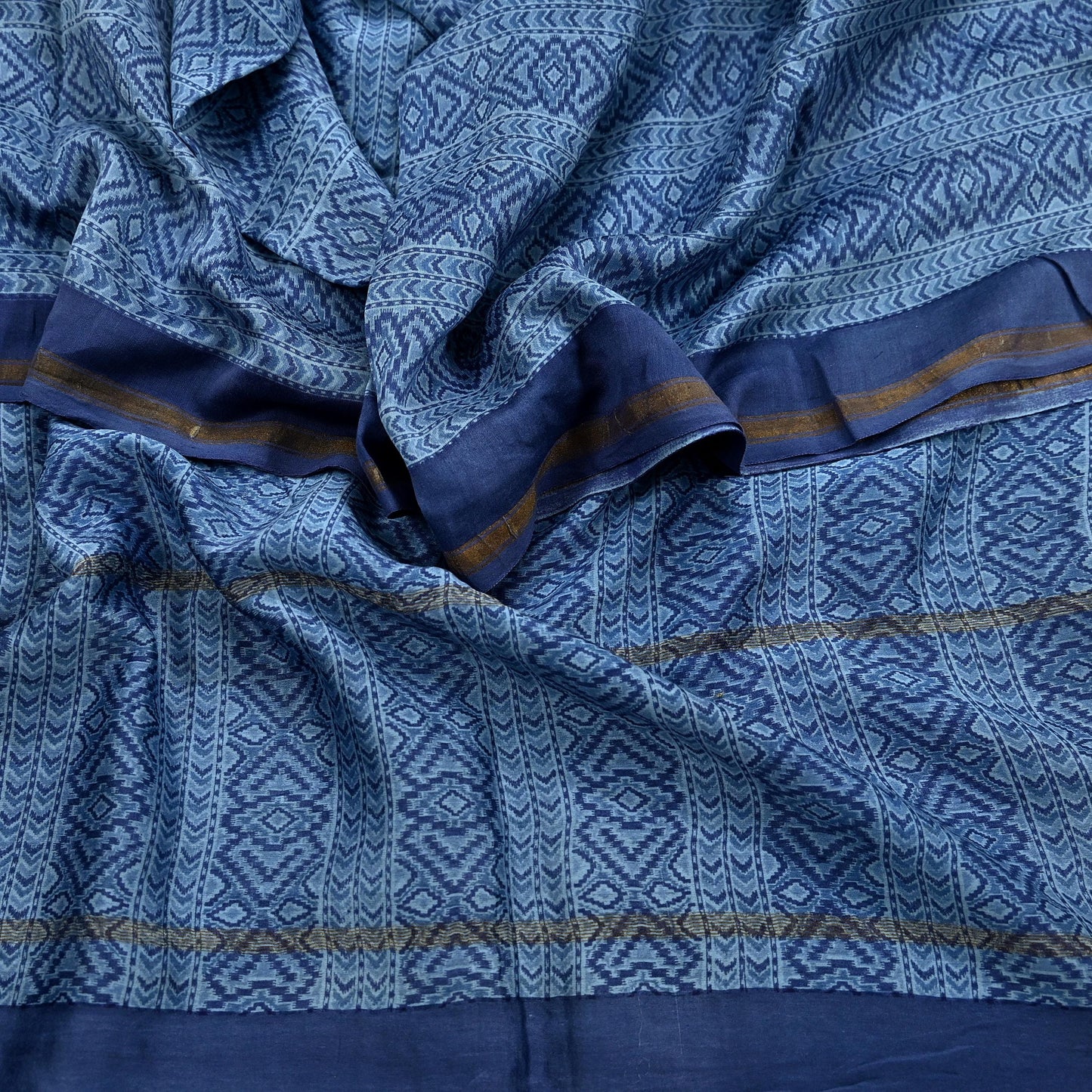 Indian Vintage Dupatta Blue Dupatta Long Stole Block Print Pure Chanderi Silk Scarves Veil Golden Zari