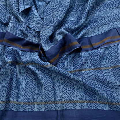 Indian Vintage Dupatta Blue Dupatta Long Stole Block Print Pure Chanderi Silk Scarves Veil Golden Zari