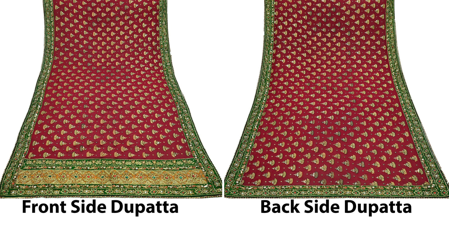 Indian Vintage Heavy Red Bridal Dupatta | Pure Georgette Silk | Hand Embroidered Zardozi, Dabka, Zari Work | Party Wear Long Stole