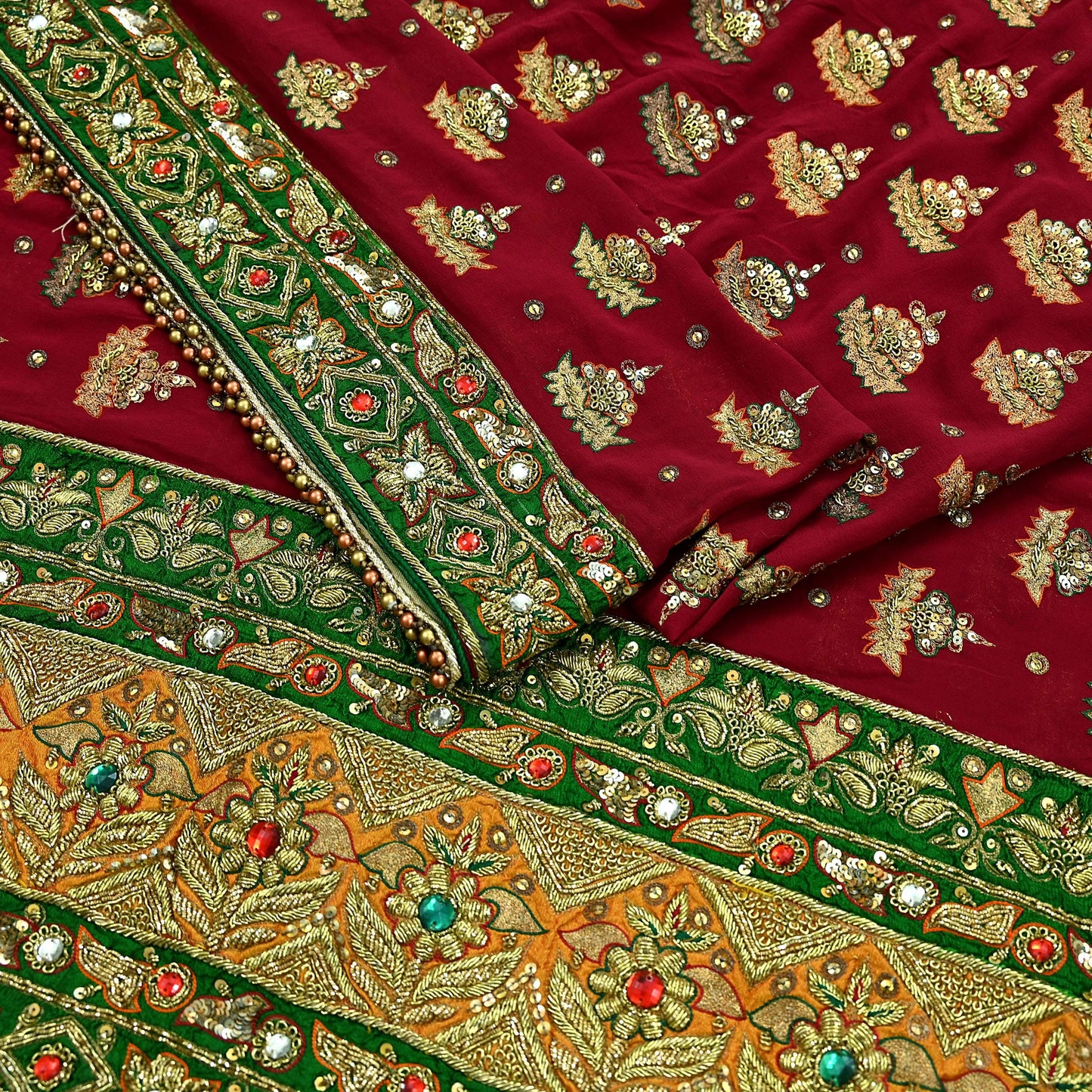 Indian Vintage Heavy Red Bridal Dupatta | Pure Georgette Silk | Hand Embroidered Zardozi, Dabka, Zari Work | Party Wear Long Stole