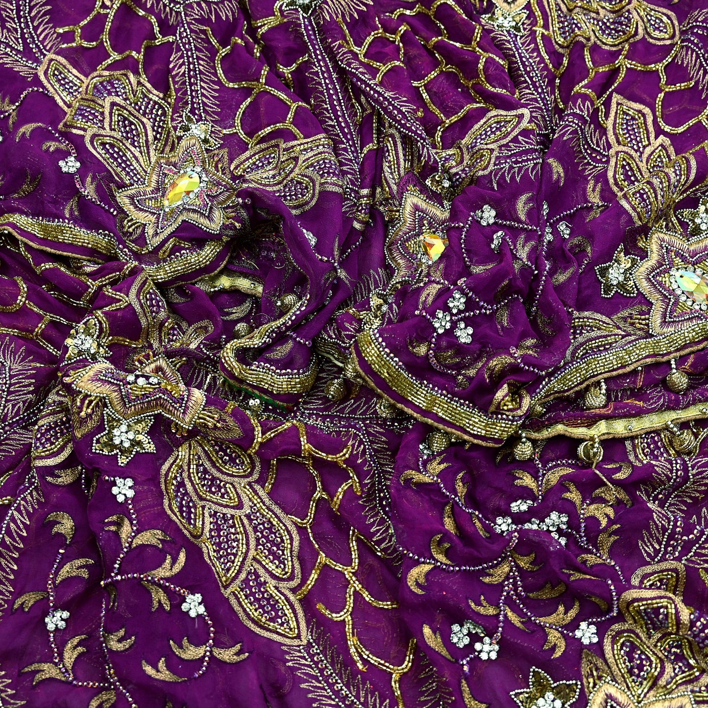 Indian Vintage Heavy Purple Dupatta Pure Georgette silk Long Stole Hand Embroidered Scarves Stole Veil Wrap Sequins