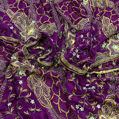 Indian Vintage Heavy Purple Dupatta Pure Georgette silk Long Stole Hand Embroidered Scarves Stole Veil Wrap Sequins