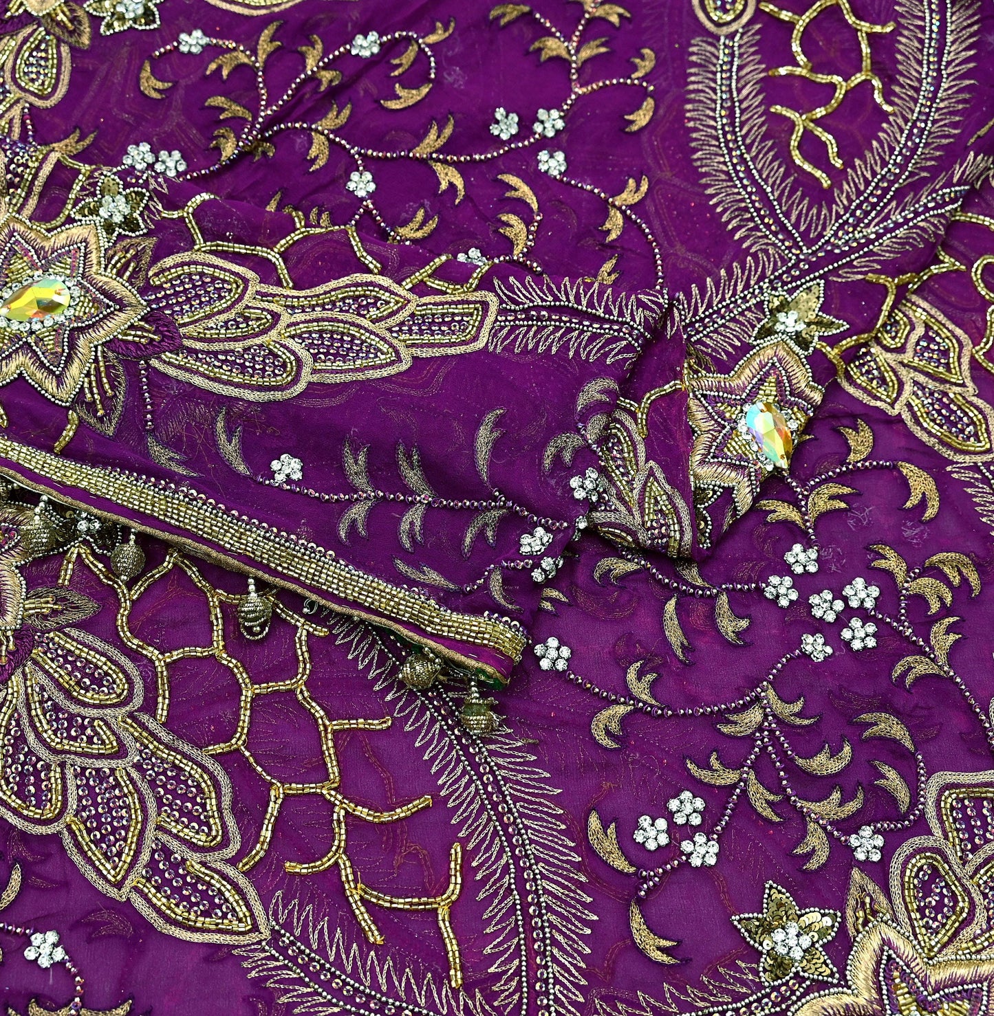 Indian Vintage Heavy Purple Dupatta Pure Georgette silk Long Stole Hand Embroidered Scarves Stole Veil Wrap Sequins