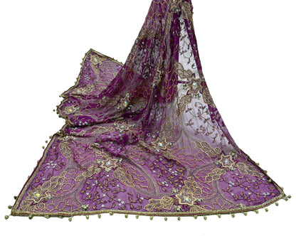 Indian Vintage Heavy Purple Dupatta Pure Georgette silk Long Stole Hand Embroidered Scarves Stole Veil Wrap Sequins