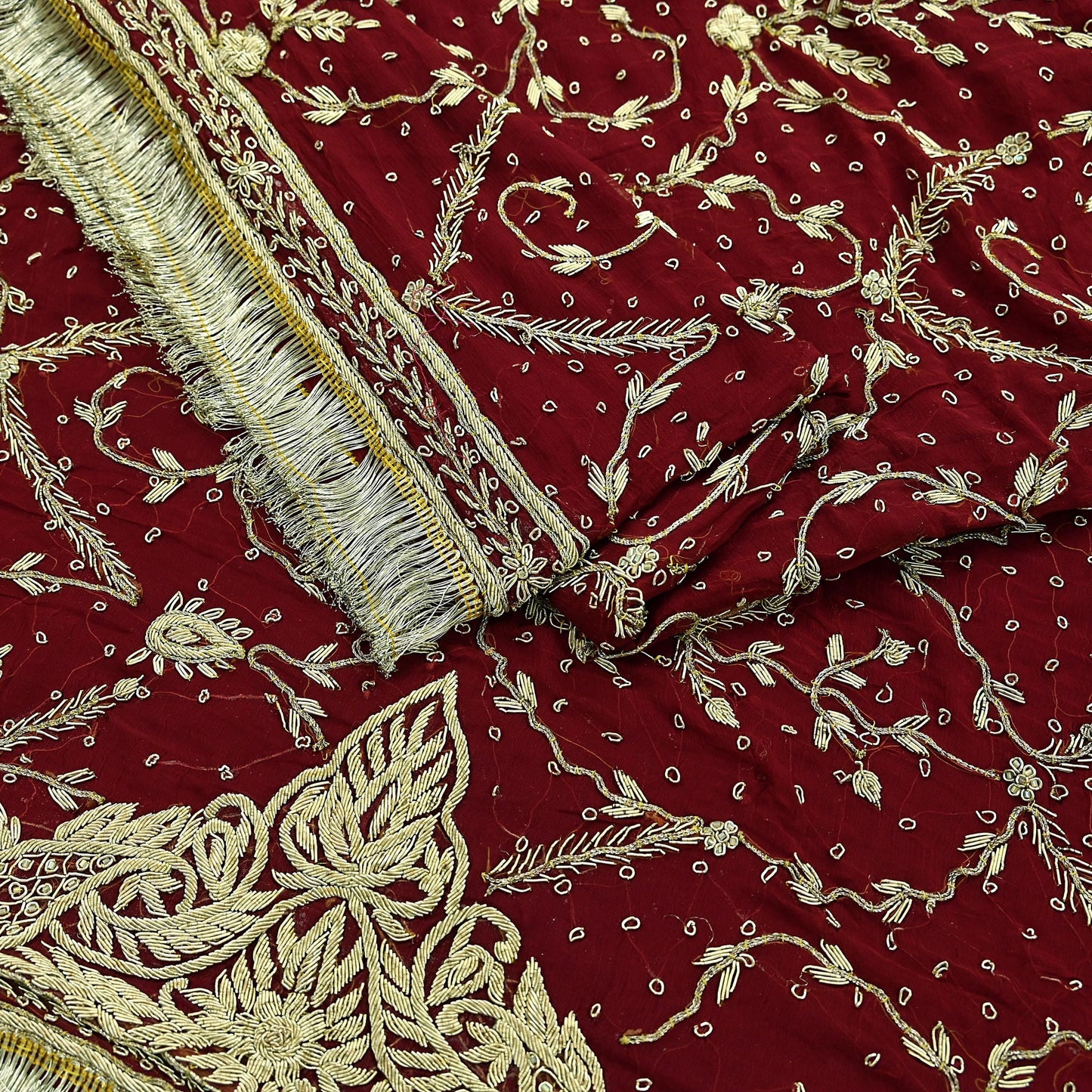 Indian Vintage Heavy Bridal Dupatta Maroon Pure Chiffon Silk Long Stole Hand Embroidered Hijab Scarf Zardozi/Dabka Zari Wedding Dupatta