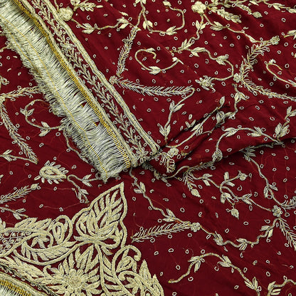 Indian Vintage Heavy Bridal Dupatta Maroon Pure Chiffon Silk Long Stole Hand Embroidered Hijab Scarf Zardozi/Dabka Zari Wedding Dupatta